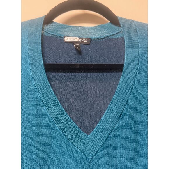 EILEEN FISHER Artic Green Royal Alpaca Colorblock V-Neck Sweater, Sz M - Picture 3 of 9